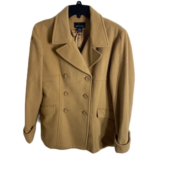 Moda International Wool Blend Pea Coat Large Camel Tan Brown Double Breasted - Picture 1 of 8